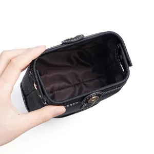 Genuine leather kiss lock cosmetic bag black makeup storage pouch elegant toiletry organizer