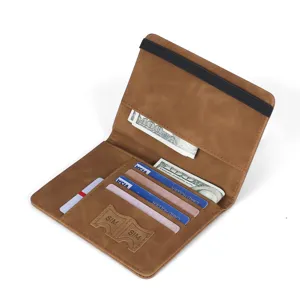 Cartera tarjetero de piel sintética marrón para pasaporte de hombre con banda y SIM.
