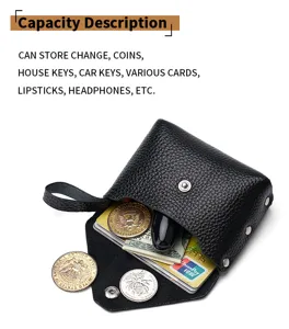Black genuine leather mini coin purse with snap closure, portable compact design for daily use.