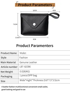 Genuine leather mini coin purse with snap closure and strap, compact size 9.8x7.5x3.5cm.