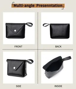Detailed view of women genuine leather mini coin purse with snap closure and handy strap.