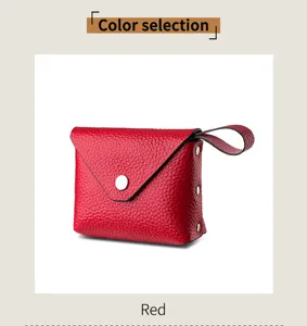 Red genuine leather mini coin purse for women, elegant snap closure pouch for small items.