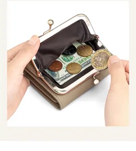 Genuine leather women short kiss-lock coin purse with metal frame, card slots, and spacious interior.