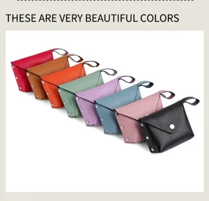 Mini genuine leather coin purse with snap closure and strap, elegant multi-color compact wallet.