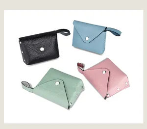 Mini leather coin purse for women, cute envelope snap closure wallet with small strap.