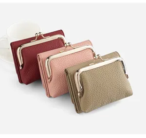 Women short genuine leather kiss lock coin purse multi card slot wallet detail view