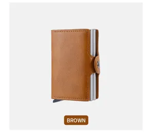 Detail view of the brown PU leather and aluminum pop-up card holder wallet for men.