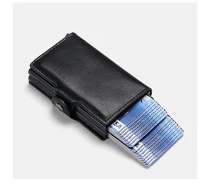Minimalist black PU leather automatic pop-up card holder wallet with aluminum case.