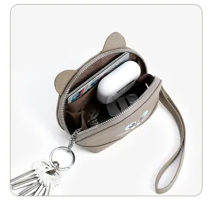 Grey leather cat coin purse with cute ears, wrist strap, keyring and zipper storage pocket.