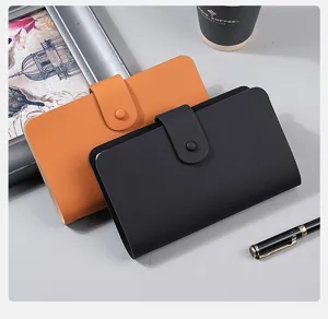 Leather cash collection book organizer with snap closure storage for banknotes receipts.