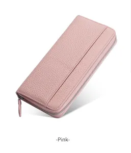 Echtes Leder langes Portemonnaie Detail, RFID Anti-Diebstahl Kartenetui, rosa Reißverschluss Tasche.