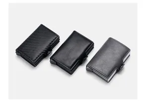 Minimalist men pop up card holder wallet with sleek carbon fiber and PU leather finish.