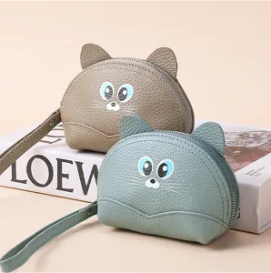 Cute cat leather coin purse with wrist strap, genuine cowhide zipper wallet for women use.