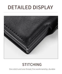 Men black PU leather card holder detail view showcasing fine stitching and durable quality.