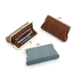 Genuine Leather Women Long Wallet Vintage Metal Kiss Lock Coin Purse Large Capacity Clutch Bag Minimalist Card Holder