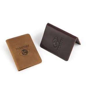 Vintage crazy horse leather passport holder and travel ticket cover set for men and women daily use.