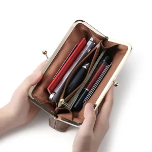 Genuine leather women kiss-lock long wallet vintage clutch large capacity clutch purse