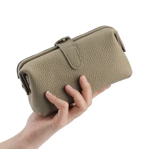 Genuine leather kiss lock makeup bag vintage clutch purse for women soft cowhide phone pouch