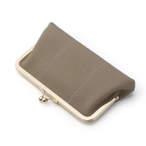 Genuine leather kiss lock clutch wallet for women, elegant long purse with gold hardware.