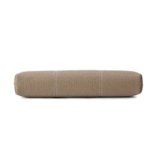 Premium genuine leather long clutch wallet for women with white contrast stitching detail.