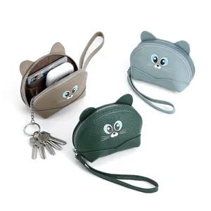 Women Genuine Leather Coin Purse Cute Kitten Pattern Top Layer Cowhide Mini Coin Pouch Zipper Card Holder With Wrist Strap
