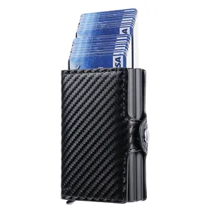 Men's Automatic Pop-Up Card Holder Wallet Carbon Fiber PU Leather Slim Business Credit Card Case Pocket Wallet
