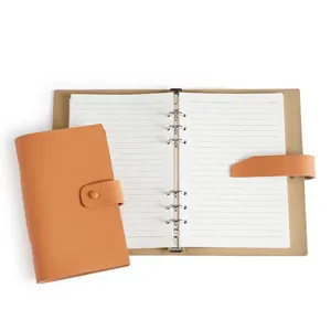 Cuaderno de anillas de cuero auténtico con 6 anillas, agenda de oficina profesional marrón.