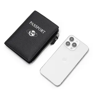Porta passaporto in pelle nera blocco RFID portafoglio da viaggio con comoda tasca zip.