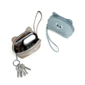 Genuine leather cat coin purse cute animal card holder with keychain and wrist strap main view