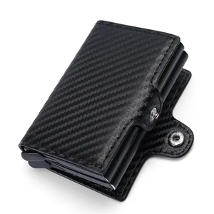 Carbon Fiber PU Leather Double Layer Aluminum Card Holder Pop-Up Wallet for Men