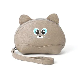 Genuine leather coin purse for women cute cat shape small change wallet with wrist strap brown
