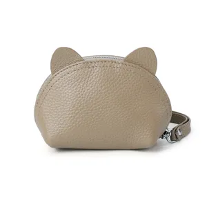 Genuine leather cat ear coin purse for women, cute animal design small wallet and card pouch.