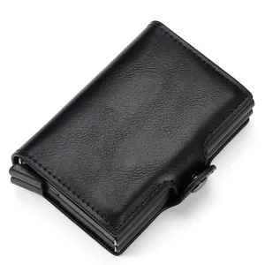 Black PU leather automatic pop up card holder wallet with minimalist aluminum slim design for men.