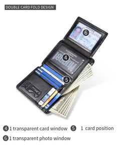 Detailed view of genuine leather mens trifold wallet with multiple card slots and clear ID window.