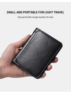 Compact black genuine leather card holder for men, multifunctional trifold wallet with ample card slots.