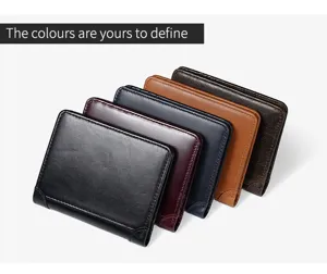 Genuine leather men's wallet with RFID blocking, multi-card slots, short bifold design.