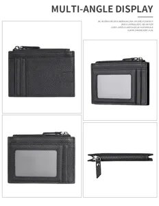 Portacarte in pelle Saffiano nera con tasca con zip, fessure e finestra ID multi-angolo.