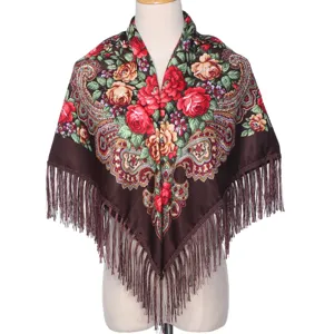 Écharpe châle à franges imprimé floral vintage ethnique pour femme, accessoire rétro.