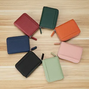 Multi-color genuine leather zipper card holder wallet coin purse with soft textured finish.