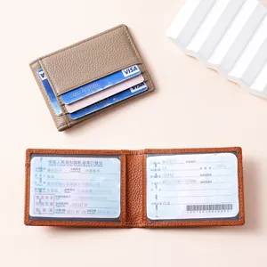 Cartera de cuero genuino para licencia de conducir con tarjeteros y visor transparente