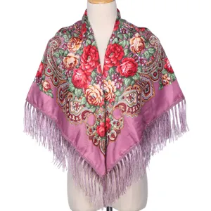 Écharpe châle à franges florales ethniques pour femmes, foulard vintage rose élégant.