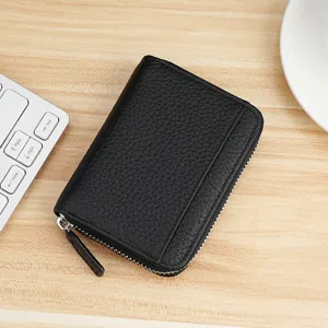 Black leather RFID blocking card wallet zipper accordion coin purse for daily use and travel.