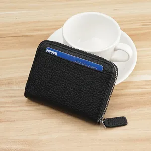Black genuine leather zipper card wallet mini coin purse with card slots for daily use.