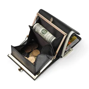 Women's Genuine Leather Trifold Wallet Top Layer Cowhide Multi-Card Slot Kiss-Lock Coin Purse Compact Minimalist Pocket