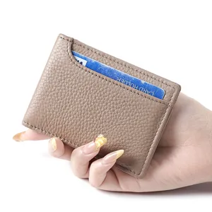 Tarjetero de cuero auténtico cartera delgada minimalista para hombres y mujeres estilo top.