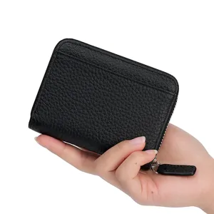 Black genuine leather zipper card wallet with accordion slots for daily use and compact design.