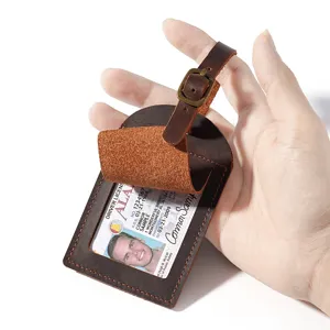 Vintage crazy horse leather luggage tag with ID window, retro travel suitcase bag name tag.