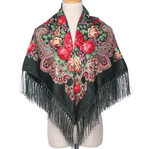 Châle écharpe à franges imprimé floral ethnique vintage femme élégant foulard rétro