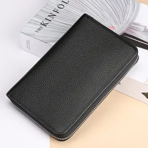 Schwarze Echtleder Lange Reißverschluss Geldbörse RFID Schutz Große Kapazität Tasche
