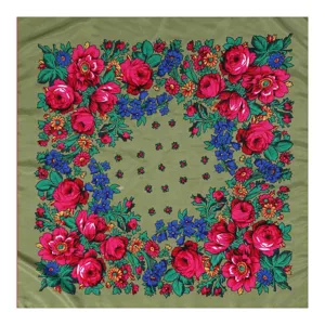Detailed view of traditional Russian ethnic floral square scarf with vibrant red roses and green leaves.